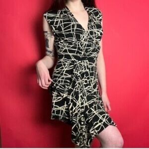 Anne Klein Black Beige Abstract Print Faux Wrap Sleeveless Knit Sheath Dress M